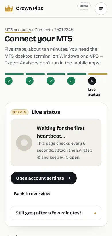 The connect wizard on a phone: four steps done and the live status waiting for the first heartbeat.