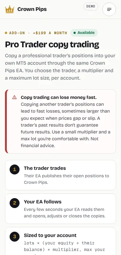 Pro Trader copy trading on a phone: the warning that copy trading can lose money fast, and how it works in three steps.