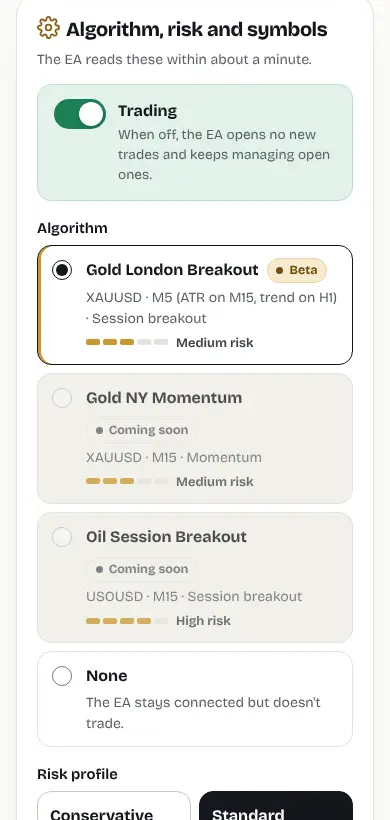 The algorithm and risk settings on a phone: trading switch on and Gold London Breakout selected.
